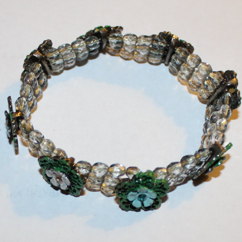 Floral Beaded Stretch Bracelet Clear Faceted Beads & Green Flower Accents
